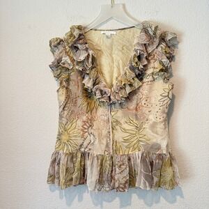 Think Tank Womens Floral Paisley Ruffle V-Neck Peplum Sleeveless Blouse Beige M